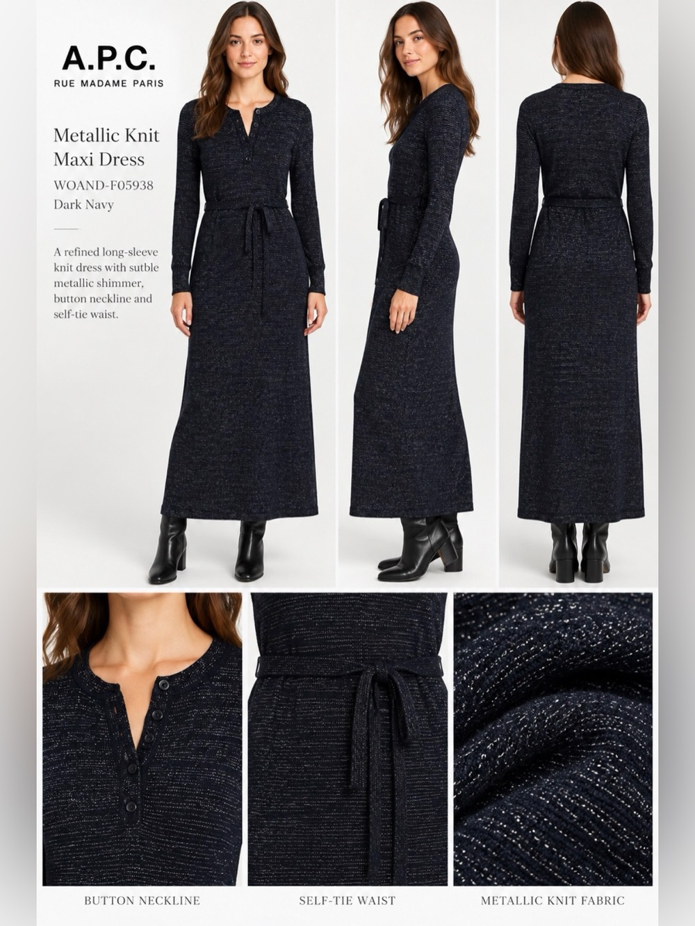 APC long metallic-knit wool Maxi dress Size XS Navy Blue Silver NWT!